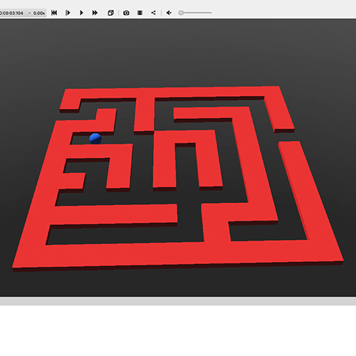 Simulazione 3D in ambiente Webots che mostra un labirinto con pareti rosse e un agente sferico blu che naviga verso l’uscita usando l’algoritmo della mano destra scritto in C.