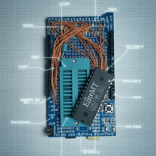 Circuito di test per memoria SRAM LP62256E realizzato con una shield per Arduino Mega e zoccolo ZIF.
