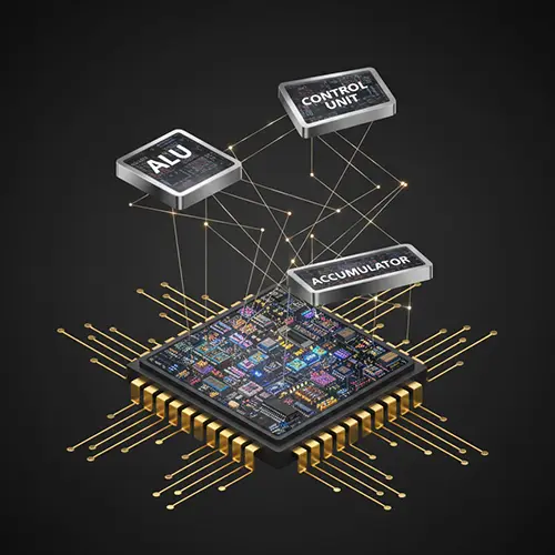Illustrazione 3D di un microprocessore con collegamenti a blocchi fluttuanti che rappresentano ALU, Control Unit e Accumulatore su sfondo scuro