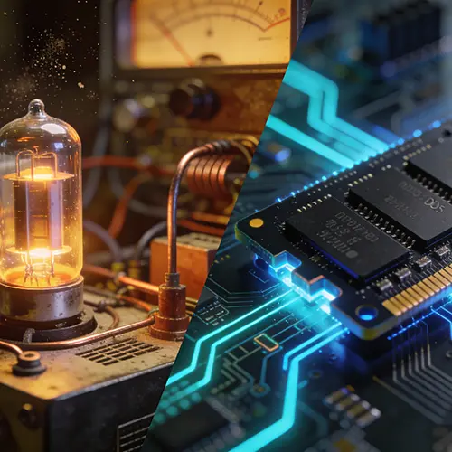 Confronto split-screen tra una valvola termoionica accesa su strumentazione d’epoca e un moderno banco di RAM DDR su scheda madre, rappresentativo dell’evoluzione hardware delle memorie informatiche.