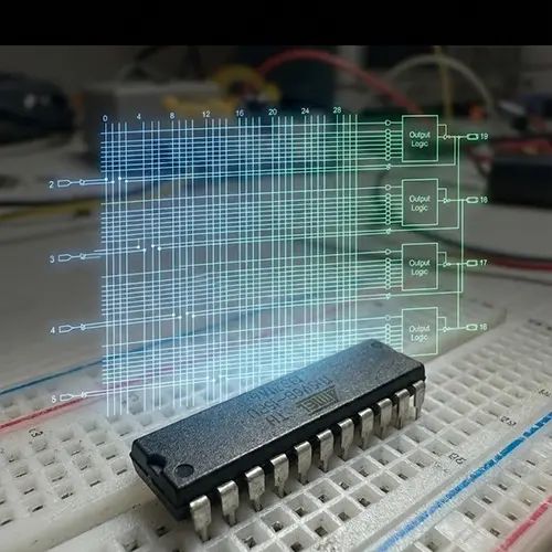 Chip programmabile ATF16V8 inserito in un programmatore universale su banco da lavoro elettronico con interfaccia del software WinCUPL per la programmazione di logiche PAL
