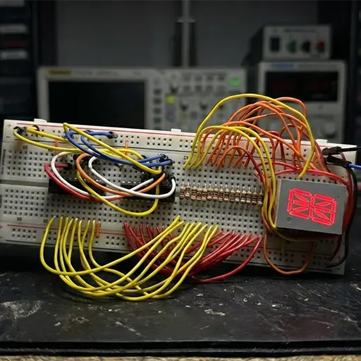 Circuito su breadboard con display rosso a 16 segmenti pilotato da due chip PLD ATF16V8 per visualizzare caratteri alfanumerici.