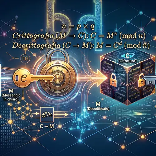 Schema dell'algoritmo RSA in linguaggio C: chiave pubblica, chiave privata ed esponenziazione modulare per cifrare e decifrare messaggi